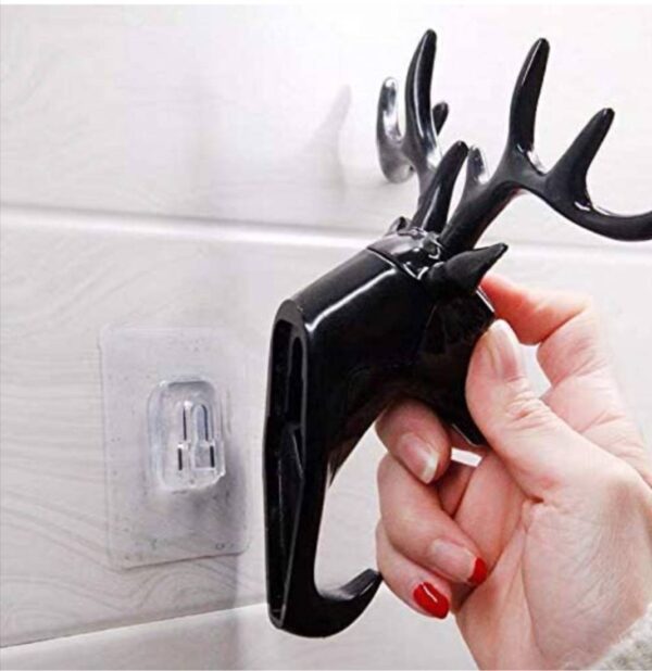 B Fly Deer Head Hanging Hook, Self Adhesive Wall Door Hook Hanger Bag Keys Sticky Holder, Plastic (Deer Hook), Black - Image 2