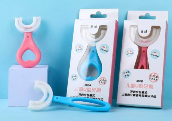 tekme U Shaped Toothbrush for Kids, 2-6 Years Kids Baby Infant manual Toothbrush, Food Grade Ultra Soft Silicone Brush Head, Whole Mouth Cleaning Tool (Blue) - Image 2