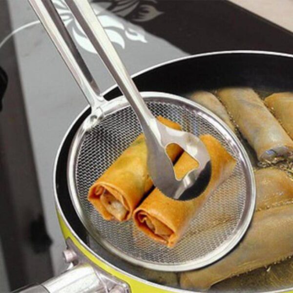 shrajs Multi-Functional Frying Tong 2 in 1 Fry Tool Filter Spoon Frying Strainer with Clip, Oil Frying BBQ Filter Stainless Steel Filter Spoon and Clip [Colour Silver] (Pack of 1) - Image 2