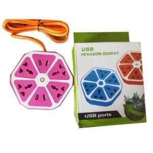 Goldtech Hexagon Shape Sky Pink Color Socket Extension Board with 4 USB 2.0Amp Charging Points