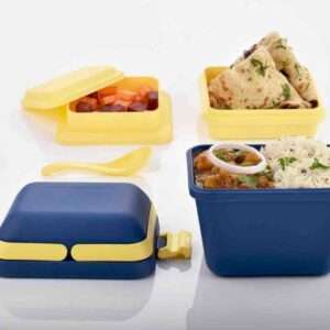 Tosaa Plastic Dieting Airtight Lunch/Tiffin Box Set 3 Compartment Tiffin with Handle & Push Lock for Travelling, School Kids & Office Exclusive,Blue (14 x 12 x 14 cm)