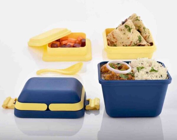 Tosaa Plastic Dieting Airtight Lunch/Tiffin Box Set 3 Compartment Tiffin with Handle & Push Lock for Travelling, School Kids & Office Exclusive,Blue (14 x 12 x 14 cm)
