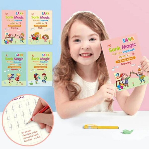 2023 SHNMN Sank Magic Practice Copybook, (4 BOOK + 1 PEN + 10 REFILL) Number Tracing Book for Preschoolers with Pen, Magic calligraphy books for kids Reusable. Writing Tool (19*13 cm) - Image 2