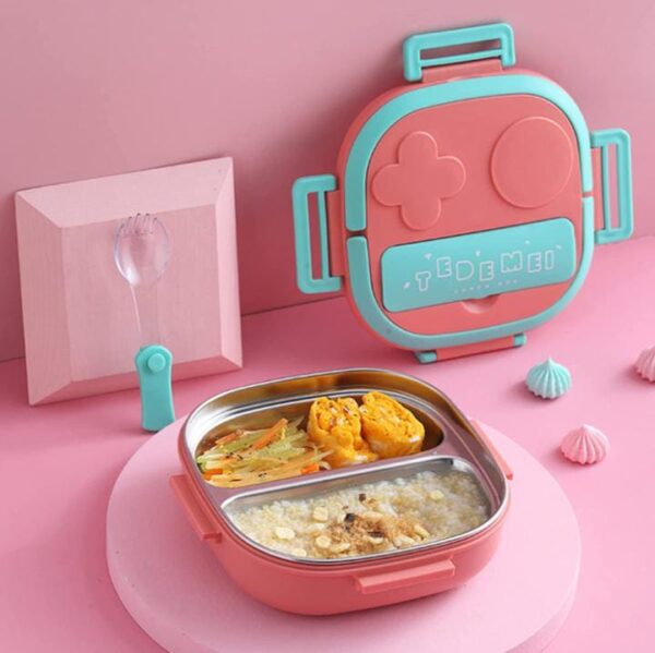 S.S.M India Stainless Steel Lunch Box with Fork 2 Compartment Lunch, Dinner Safe Food Containers Bento Box for Adults & Kids School Office (Blue) - Image 2