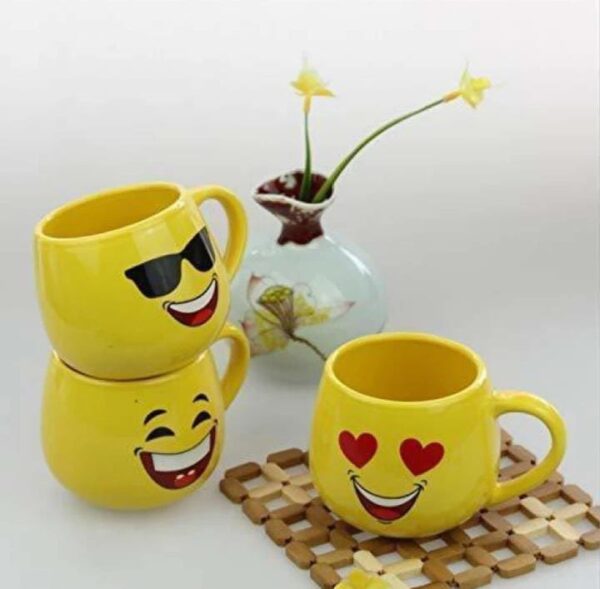 Lucky Smiley Emoji Face Tea Cup, Coffee Cup, Mug, Milk Mug for All Yellow Colour Set of 6 350ml - Image 4