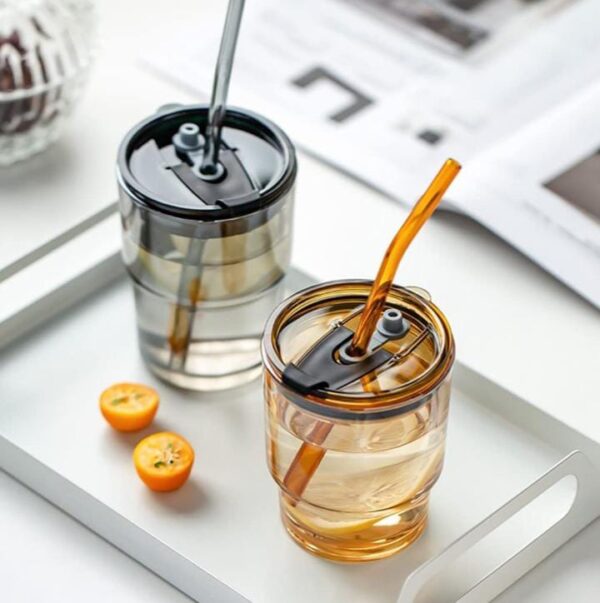 MEXONIC Leather Grip Coffee Cup Sipper Glass with Straw Mug with Straw Coffee Cup with Leather Grip, glass bottle with straw coffee sipper with straw sipper for adults juice glasses with lid and straw sippers for adults sipper cup for adults coffee sipper with straw Tumbler Mug with Lid Anti-Skid Leather Sleeve for Hot and Cold Beverages Tea Coffee Smoothies Fruit Juice Travel Mug (PACK OF 01) - Image 2