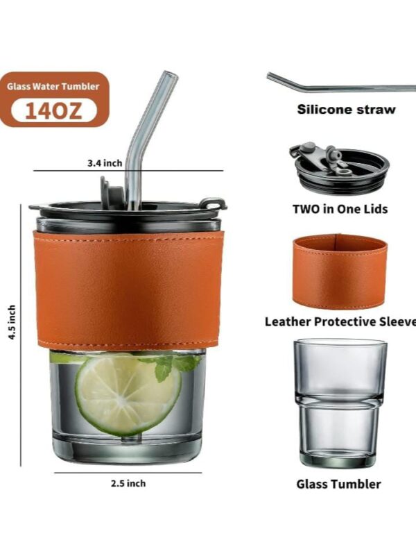 MEXONIC Leather Grip Coffee Cup Sipper Glass with Straw Mug with Straw Coffee Cup with Leather Grip, glass bottle with straw coffee sipper with straw sipper for adults juice glasses with lid and straw sippers for adults sipper cup for adults coffee sipper with straw Tumbler Mug with Lid Anti-Skid Leather Sleeve for Hot and Cold Beverages Tea Coffee Smoothies Fruit Juice Travel Mug (PACK OF 01) - Image 3