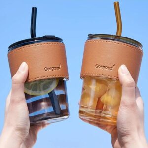 MEXONIC Leather Grip Coffee Cup Sipper Glass with Straw Mug with Straw Coffee Cup with Leather Grip, glass bottle with straw coffee sipper with straw sipper for adults juice glasses with lid and straw sippers for adults sipper cup for adults coffee sipper with straw Tumbler Mug with Lid Anti-Skid Leather Sleeve for Hot and Cold Beverages Tea Coffee Smoothies Fruit Juice Travel Mug (PACK OF 01)