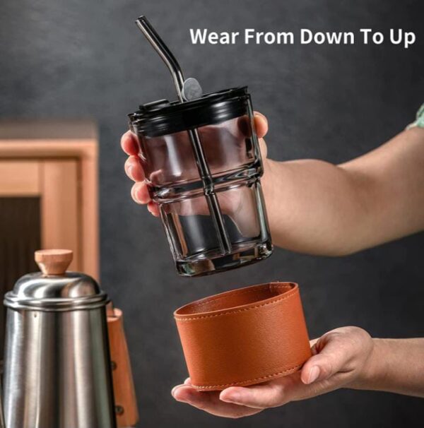 MEXONIC Leather Grip Coffee Cup Sipper Glass with Straw Mug with Straw Coffee Cup with Leather Grip, glass bottle with straw coffee sipper with straw sipper for adults juice glasses with lid and straw sippers for adults sipper cup for adults coffee sipper with straw Tumbler Mug with Lid Anti-Skid Leather Sleeve for Hot and Cold Beverages Tea Coffee Smoothies Fruit Juice Travel Mug (PACK OF 01) - Image 5