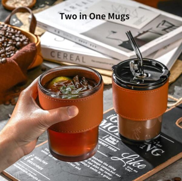MEXONIC Leather Grip Coffee Cup Sipper Glass with Straw Mug with Straw Coffee Cup with Leather Grip, glass bottle with straw coffee sipper with straw sipper for adults juice glasses with lid and straw sippers for adults sipper cup for adults coffee sipper with straw Tumbler Mug with Lid Anti-Skid Leather Sleeve for Hot and Cold Beverages Tea Coffee Smoothies Fruit Juice Travel Mug (PACK OF 01) - Image 7