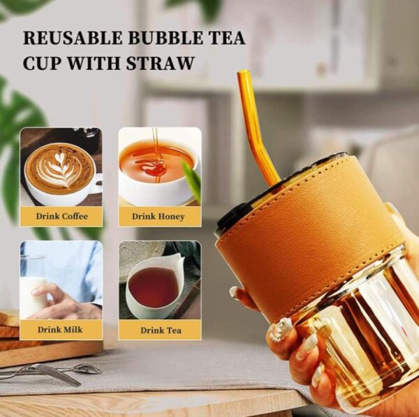 MEXONIC Leather Grip Coffee Cup Sipper Glass with Straw Mug with Straw Coffee Cup with Leather Grip, glass bottle with straw coffee sipper with straw sipper for adults juice glasses with lid and straw sippers for adults sipper cup for adults coffee sipper with straw Tumbler Mug with Lid Anti-Skid Leather Sleeve for Hot and Cold Beverages Tea Coffee Smoothies Fruit Juice Travel Mug (PACK OF 01) - Image 6