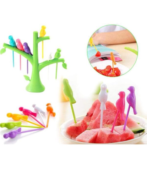 Tableware Dinnerware Fork Sets Creative Plastic Bird Shape On The Tree Fruit Fork, for Dessert Cake Dinnerware Party Cocktail 6-Pieces Multicolor - Image 2