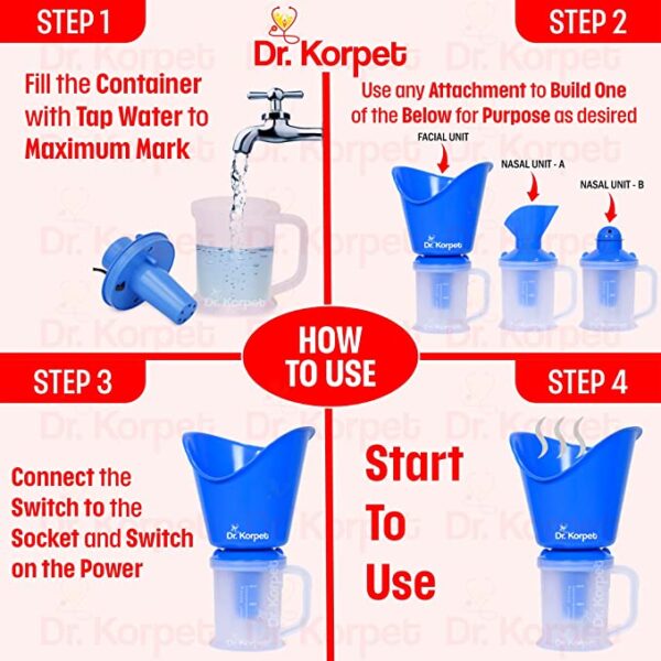 Dr. Korpet 3 in 1 vaporizer steamer for cough,cold and facial, inhaler & steamer for cold and cough - Blue (0.75 meter) - Image 4