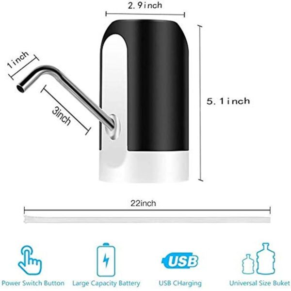 Black Olive's Heavy Duty Automatic USB Charging Wireless Water Can Dispenser Pump for upto 25 Litre Universal Bottle Can (Medium- Black/White) - Image 2