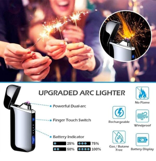 PIKFOS Smart Finger Touch Lighter with Touch Switch USB Electronic Lighter Flameless LED Windproof Rechargeable USB Double Plasma Arc Lighter for Business Man ,Cigarette, Cigar, Gift. - Image 2