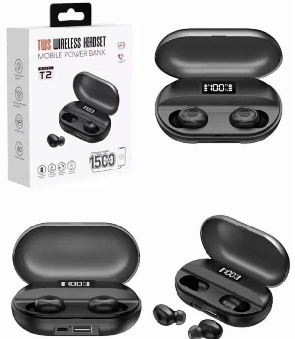 TWS T2 Wireless Headset Mobail Power Bank | Led Indicators Headphone Bluetooth Headset (Black, in The Ear) - Image 4